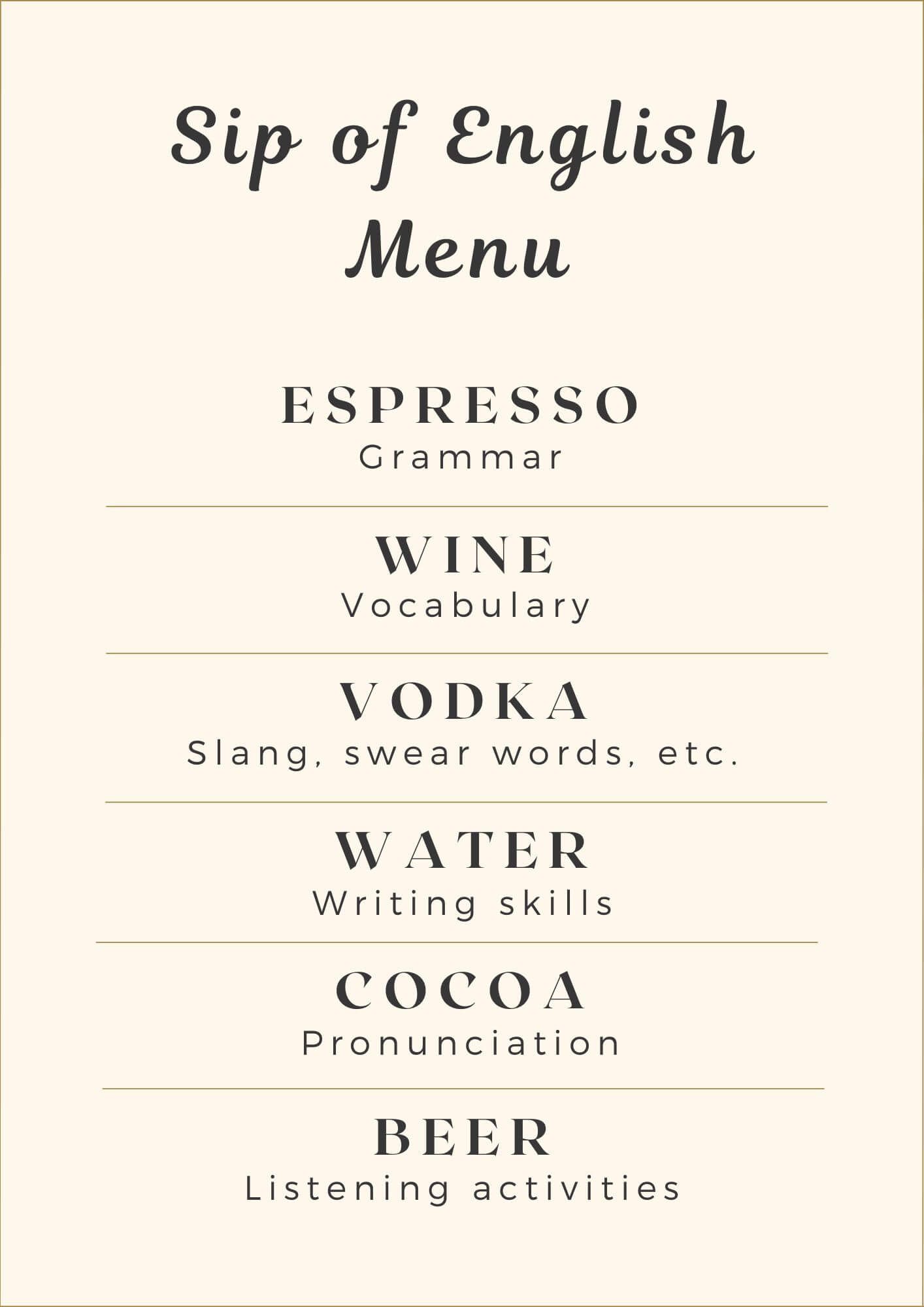 Sip of English menu: Espresso – grammar; Wine – vocabulary; Vodka – slang, swear words, etc.; Water – writing skills; Cocoa – pronunciation; Beer – listening activities